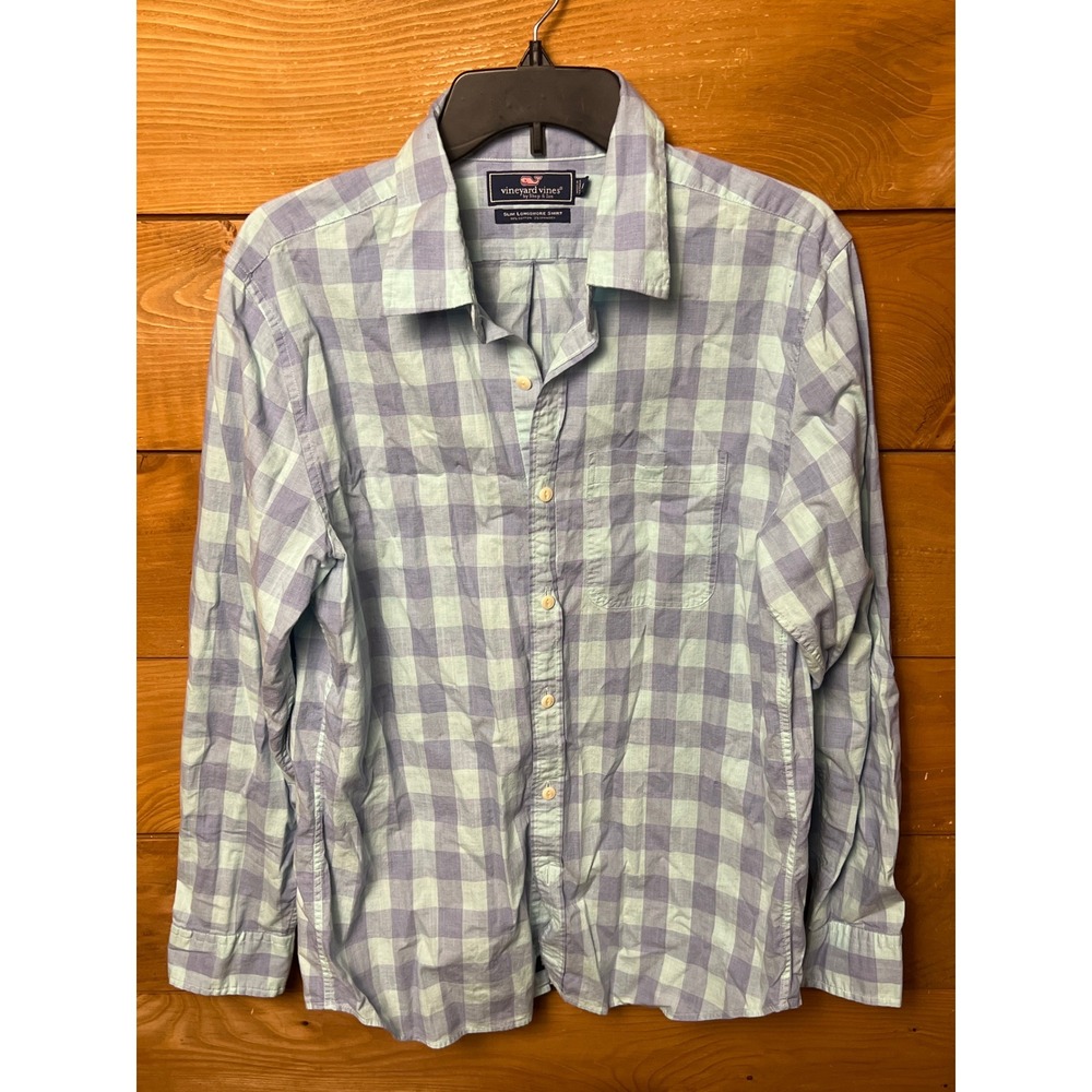 Vineyard Vines Slim Longshore Shirt Gingham Check Blue Mint Button Down Men's Md